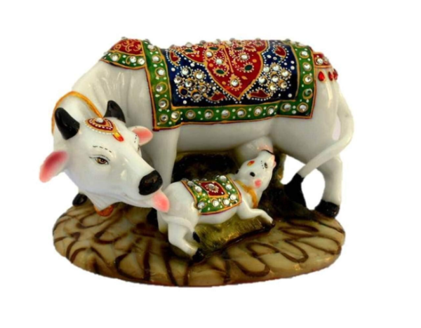 Polyresin Kamdhenu Cow with Calf Idol Statue for Pooja Home Temple Décor Gift (Multi)