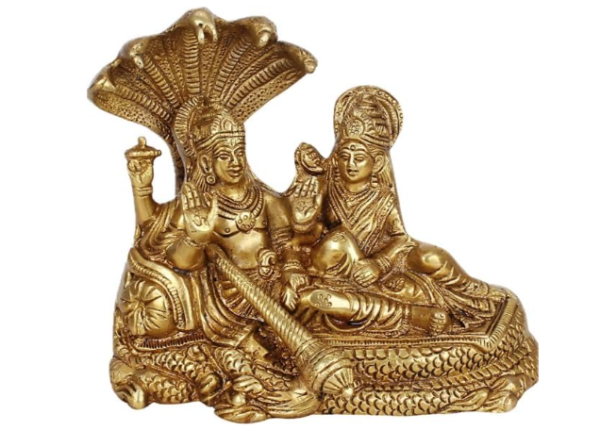 Brass Lakshmi Vishnu Idol God Goddess Statues Religious Deity Laxmi Vishnu Resting On Sheshnaag 4 Inches