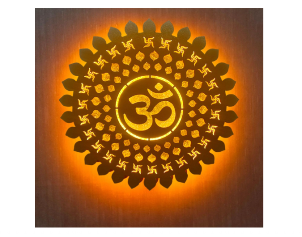 OM MANDALA CREATION Om Swastik Wall Back LED Light Wall Decor A wall Design Mandala, pattern, Size 46 x 46cm, Decorative Hindu Symbol Design, Brown and Gold yellow
