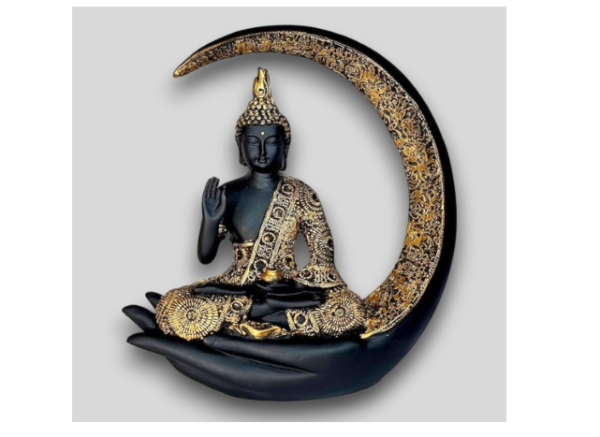 Meditating Decorative Buddha Statue with Crescent Moon for Home Decor Living Room - Office Decor - Gift Item - Lord Buddha Statue Idol Polyresin Decorative Figurine, Black and Gold, 9 Inch / 23 cm