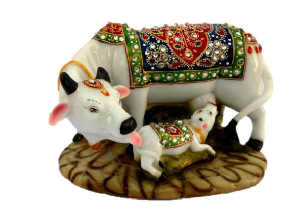 Polyresin Decorative Marble Kamdhenu Cow and Calf Big Handcrafted Statue, 6-inch, Multicolour