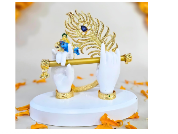 Gold Plated Lord Krishna Hands Idol with Face, Flute & Peacock Feather for Car Dashboard | Statue for House Warming Gifting | Decorative Items for Home & Office (White - 4.5 inch)
