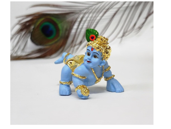 Gold Plated Blue Terracotta Small Laddu Gopal Idol for Car Dashboard Makhan Chor Little Krishna Idol Murti for Gifting Krishna Statue for Office Desk Lord Krishna Idol for Pooja Room
