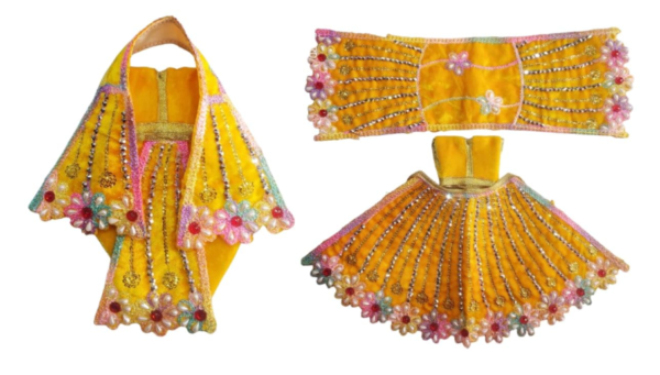Radha-Krishna Matching Dresses, Made of Velvet Cloth, Embellished with Sequins & Stones, Pack of 2 Poshaks (1 Krishna, 1 Radha Dress), Idol Size-2, Color-Yellow.