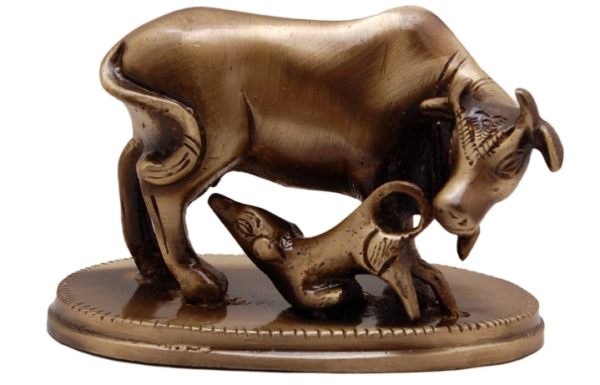 Two Moustaches Brass Kamdhenu Cow & Calf Showpiece, Handcrafted Brass Kamdhenu Statue, Brown, Standard, Pack of 1