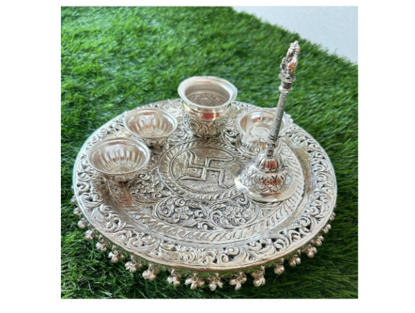 Pooja Thaali For Dewali Workship,Gifting 10" Inch Set Of 6, Silver