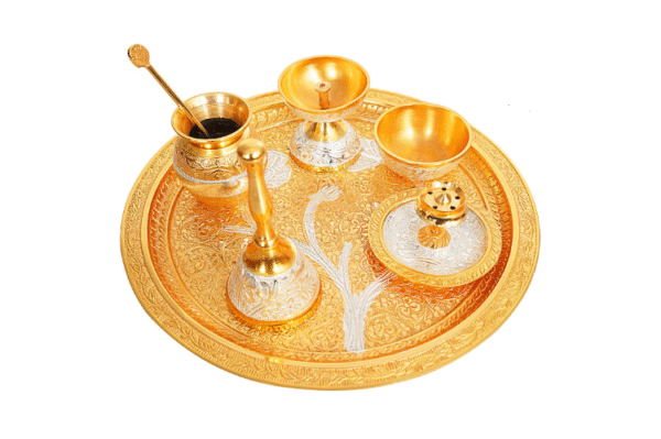 Brass Pooja Thali Set, Traditional Puja Plate with Diya, Kalash, Bell and Kumkum Bowls, Gold and Silver Finish