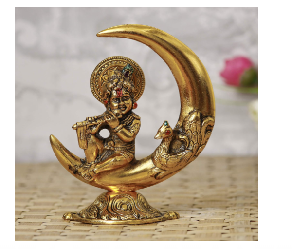 Golden Metal Handcrafted Lord Krishna Idol Playing Flute and Sitting On Half Moon Decorative Showpiece for Home Decor - Ideal Gift for Krishna Janmashtami, Housewarming, Wedding
