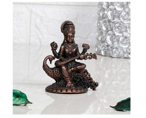 Copper Saraswati Maa Statue Sitting on Swan Education Study Vidya Devi Tamba Idol Knowledge Music & Art (120 Gram,6x3x7 cm)