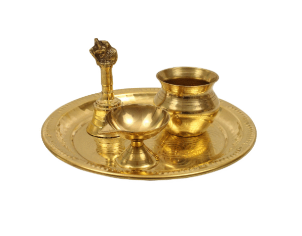 Brass Puja | Pooja Thali Set | Arati | Arathi | Arthi | Arti | Arathi | Bartan Thambulam Plate Set for Several Occasions- Ring Plate 7 inch Puja Set(Diya Bell Lota)