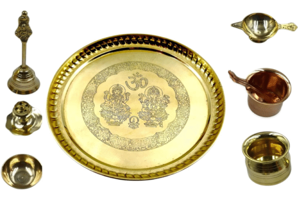 Golden Shed, Made of Brass, Pooja Thali Set- 9 inch Diameter, with Brass lota, Diya, Bell, agarbatti Stand, Chandan Pyali and Copper Glass