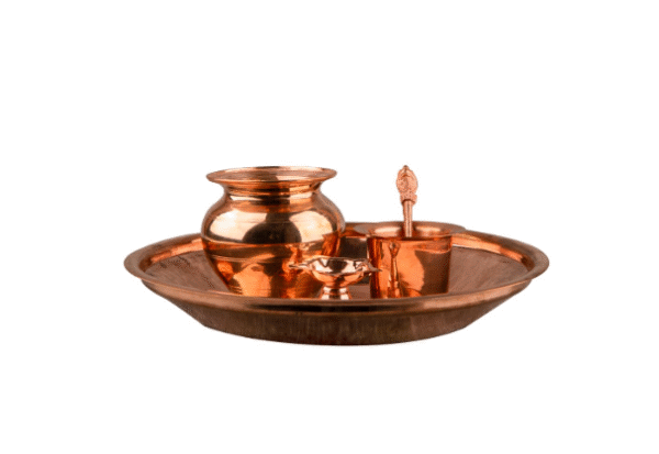 Pure Copper Pooja Thali Set - 5 Items | Pooja Thali Set with 1 Plate, 1 Kalash, 1 Fullpatra, 1 Pali, and 1 Niranjan