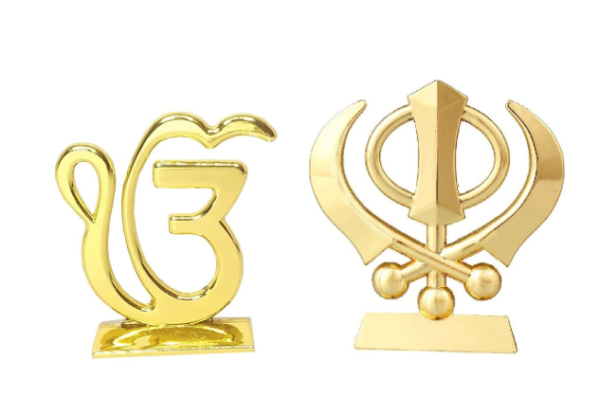 Sikh Religious Symbol Khanda Sahib and Ek Onkar (6x5cm) Idol Statue for Gurudwara Car Dashboard Mandir Pooja Ghar Home Dcor Office Showpiece Combo Pack Golden Color