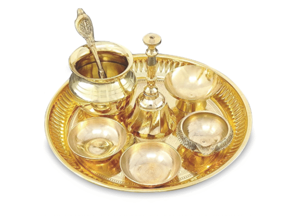 Brass Pooja Thali Set Small 6 Inch Puja Thali with Pital Plate Chandan Wati Kalash Kuber Diya Ghanti Palli Arti Thali for Diwali Home Office Mandir Wedding Return Gift Items