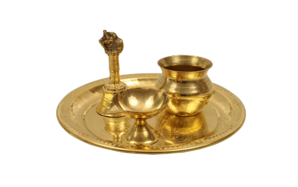 Pooja Thali Set | Arati | Arathi | Arthi | Arti | Arathi | Bartan Thambulam Plate Set for Several Occasions- Ring Plate 7 inch Puja Set(Diya Bell Lota)