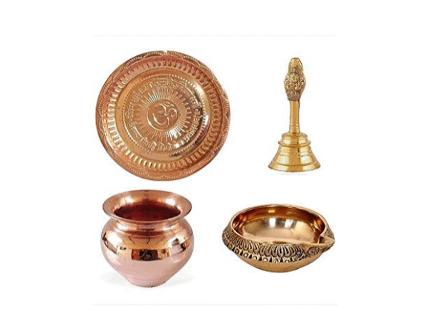 Brass Pooja Thali Set (Copper_Kuber Deepak: 2.5 Inch, Garuda Ganti Bell: 10 X 4 Cm, Thali: 6 Inch, Copper Lota: 4.88 Inch)