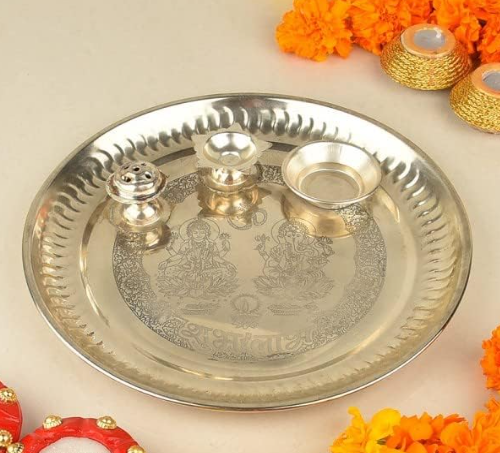 Narayan Product Exquisite Stainless Steel Silver Color 9-inch Pooja Thali Set - Perfect for Diwali, Dhanteras, Durga Puja | Ideal Gift for Festive Celebrations | Navratri Pooja| Decorative Item