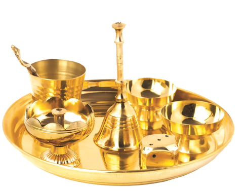Special Small Hand Crafted Brass Navratri Diwali Special Pure Pital Pooja Thali Set, Gold, Set of 7
