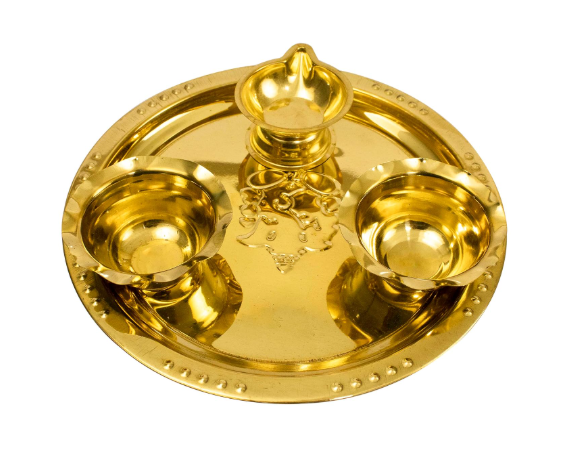 Handcrafted Ganesha Brass Puja|Pooja Thali|Arati|Arathi|Arthi|Arti|Arathi| Haldi Kumkum| Prasad, Festival Pooja| Bartan Thambulam Plate 2bowls 1 Diya (Medium)