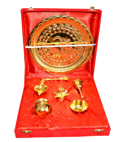 Gold Plated Brass Pooja Thali Set of 7 Pcs with Box Packing