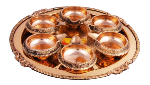 Pure Brass Kuber Diya Thali | Pooja Thali Set for Diwali Navratra Laxmi Ganesh Ji Poojan (7 Pcs = 1 Karvi Quarter Embossed Pooja Plate, 6 Kuber Diya)-Home & Temple Pooja