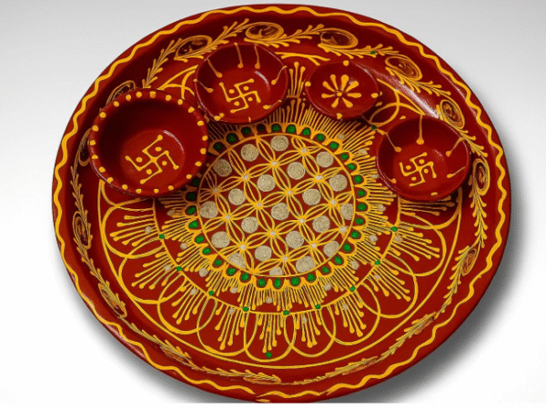 Designer Thali Set for Home Temple| Stainless Steel Aarti Plate with Diya| Traditional Hindu Puja Essentials for Festival & Worship Use |Hand-Painted Floral and swastika Motifs|Pack of 5