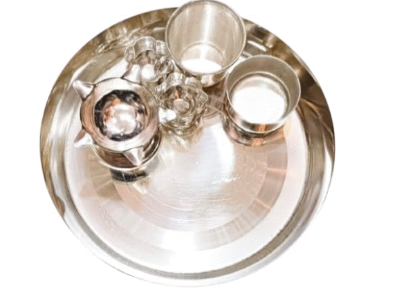 Silver Plated Pooja Thali Set for Tilak/Tika, Aarti | Decorative Puja Plate with Diya, Kumkumwati, Glass, Bowl | Temple/Mandir Rituals Dish for Home, Festivals, Return Gifts, Wedding