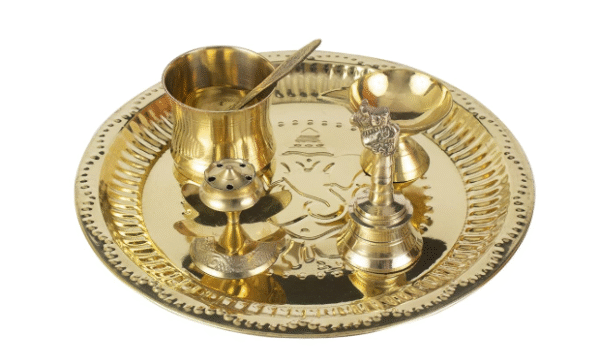 Traditional Handcrafted Brass Puja | Pooja Thali | Arati | Arathi | Arthi | Arti | Arathi | Bartan Thambulam Plate (Diya-Dhoop-Bell-Panchmurt-Spoon)