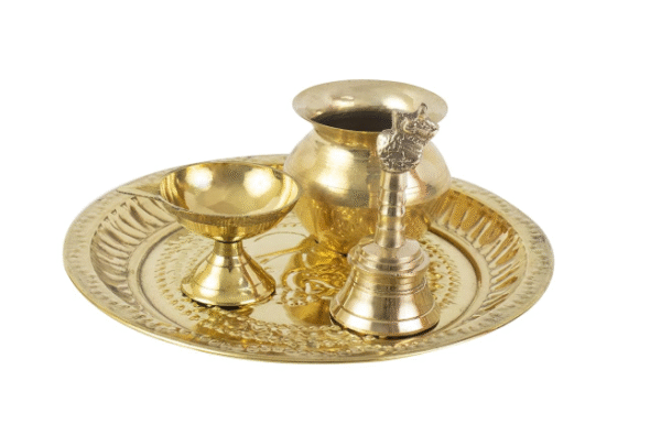 Traditional Handcrafted Brass Puja | Pooja Thali | Arati | Arathi | Arthi | Arti | Arathi | Bartan Thambulam Plate(Diya-Bell-Lota)