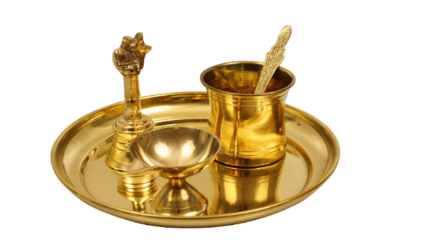 Traditional Handcrafted Brass Puja | Pooja Thali Set | Arati | Bartan Thambulam Plateset for Several Occasions- Plain Plate 7 inch Puja Set(Diya Bell Panchamurt Spoon)