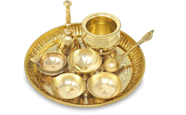 Brass Pooja Thali Set Small 6 Inch Puja Thali with Pital Plate Chandan Wati Kalash Kuber Diya Ghanti Palli Arti Thali for Diwali Home Office Mandir Wedding Return Gift Items