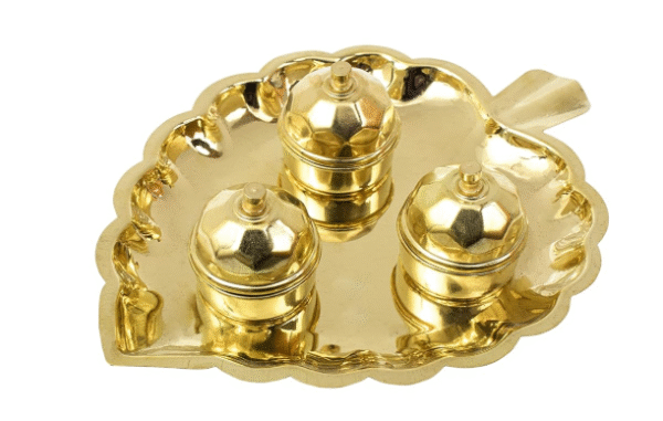 Traditional Handcrafted Brass Thali Haldi kumkum Chandhan Holder Stand Plate with Lid for Pooja/Worship - 3 Leaf Bowl - Small