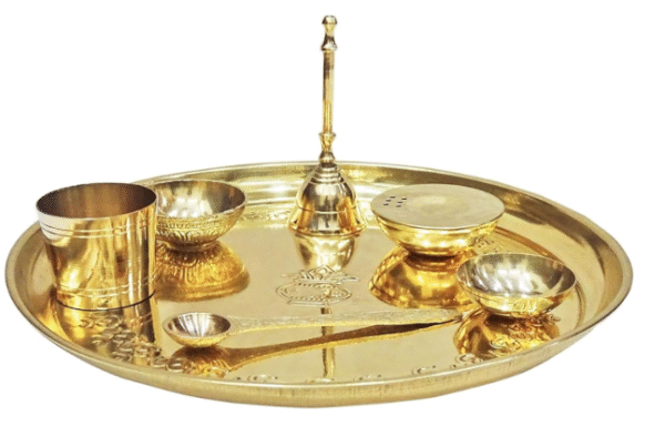 Brass Pooja Thali Set 7 Pieces Gift Puja Thali 9.5 Inch Traditional Occasional Handcrafted Thali Set for Pooja Arti