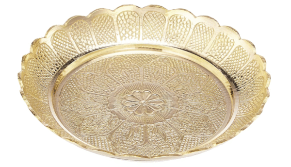 Puja Thali/Bhog Thali for Worship, Flower-Engraved Design (Brass, Gold Colour, 6.5 Inches), Round