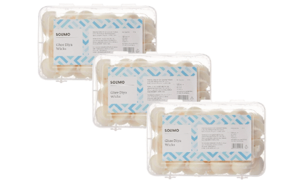 Solimo Cotton Ghee Diya Wicks | 105 Diya Wicks | 35 Wicks X 3 Packs | Made From Cotton | Ideal For Puja, Prayers, Aromatherapy And Meditation