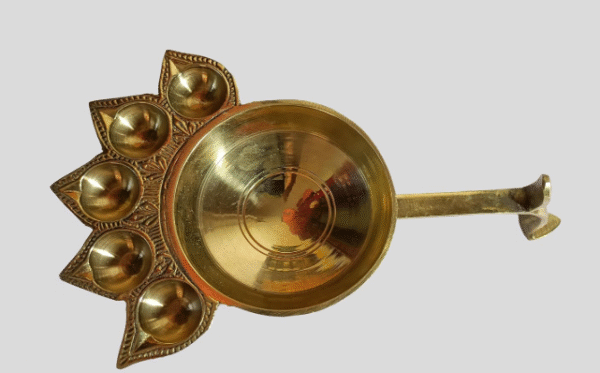 Brass Puja Diya with 5 Wicks, Traditional Decorative Oil Lamp, Handcrafted Design