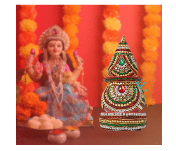 Mangal Kalash Lota Coconut Set for Puja | Kundan Stone Decorative Lota with Nariyal, Aasan & Haldi Kumkum Thali Set, Diya | Copper Kalash for Pooja Marriage Karvachauth Weddings Griha Pravesh