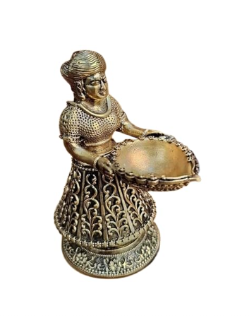 Golden Decorative Brass Diya with Stand | Traditional Lady Design Pooja Diya for Home, Office and Temple | Auspicious Oil Lamp Deepak for Festive Decor Ideal Gift for Diwali Housewarming