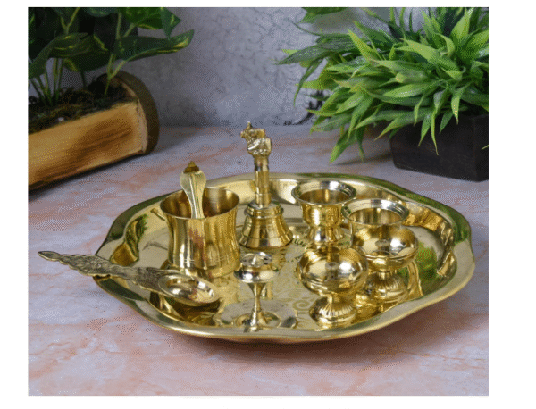 Flower Design Brass Pooja Thali Set | Includes 1 Plate, 2 Diyas, 2 Kumkum Bowls, 1 Agarbatti Stand, 1 Panchpatra with Spoon, 1 Karpoor Aarti & 1 Bell | 10 Inches, 670 gm