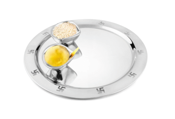 Stainless Steel Pooja Thali with 2 Steel Diyas Premium Thali Set for Festival and Wedding (1 Pooja Thali,2 Diyas)