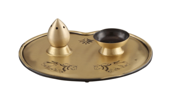 Traditional Brass Puja Thali Set with Incense Holder, Diya, Decorative Plate, Gold Antique Finish