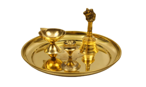 Traditional Handcrafted Brass Puja | Pooja Thali Set | Arati | Arathi | Arthi | Arti | Arathi | Bartan Thambulam Plate Set for Several Occasions- Plain Plate 7 inch Puja Set(Diya Bell dhoop)