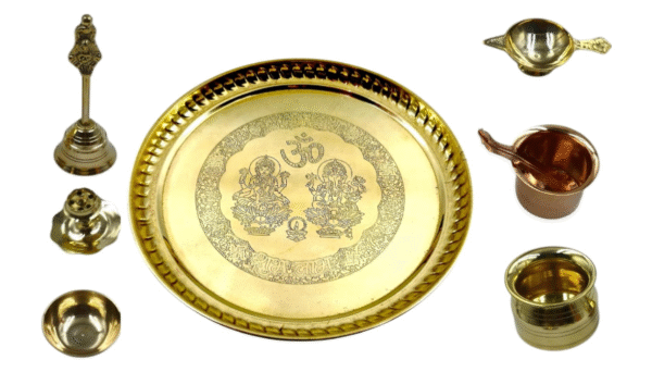 Golden Shed, Made of Brass, Pooja Thali Set- 9 inch Diameter, with Brass lota, Diya, Bell, agarbatti Stand, Chandan Pyali and Copper Glass