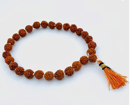 mala 5 mukhi 8mm bead 27+1 Nepali natural brown rosory with orange tassel for japa mala, meditation,pooja | unisex