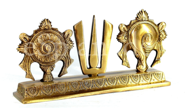 Brass Shankh Chakra Namah Showpiece | Shankha Chakra Tilak | Shankha Gada Padma | Padmanabha Swami Vishnu | Home Decor | Golden-Brown - 8.75" Inches (L)