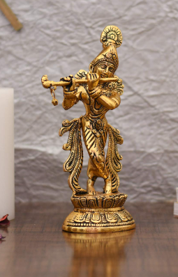 Lord Krishna Idol Statue Krishna Idols Gold Plated Flute Playing Krishan Decorative Showpiece Figurine for Pooja Room & Gift (Set of 1)