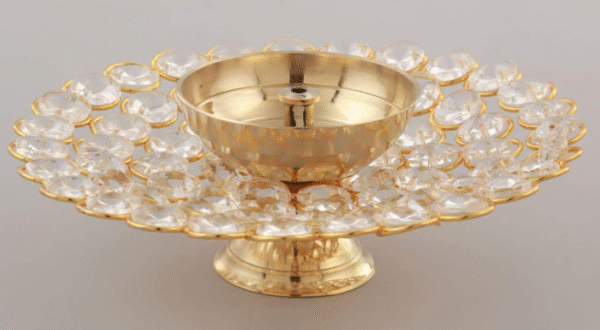 Small Crystal Akhand Diya Brass Oil Puja Lamp for Home Office Gifts Pooja Articles Decor (Golden, 3.5 X 1.5 Inch) (DFBS144-Small)